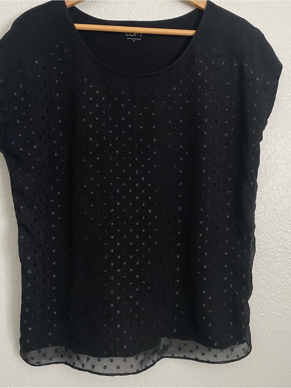 Ann Taylor Loft Top Tee Women's XL Black Sparkle Dot Sheer Overlay Office Casual